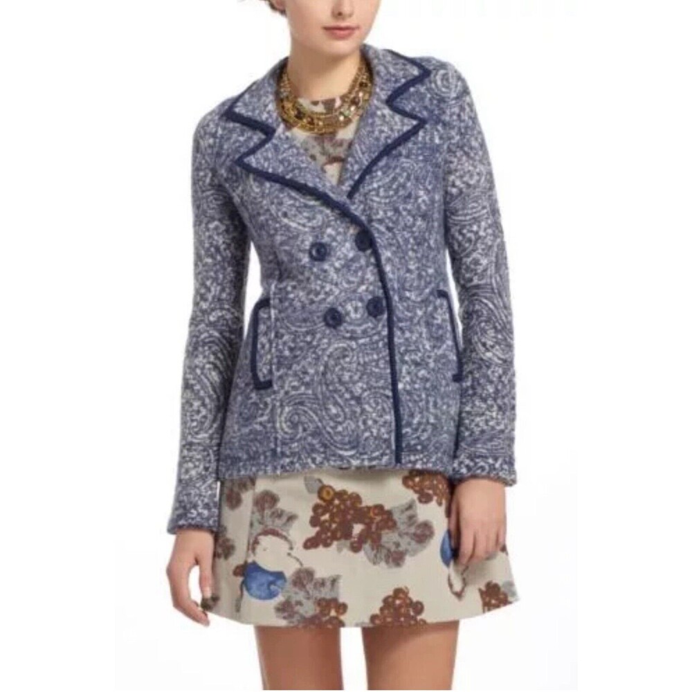 Anthropologie Angel of the North M Paisley Lace wool linen cardigan blazer Blue